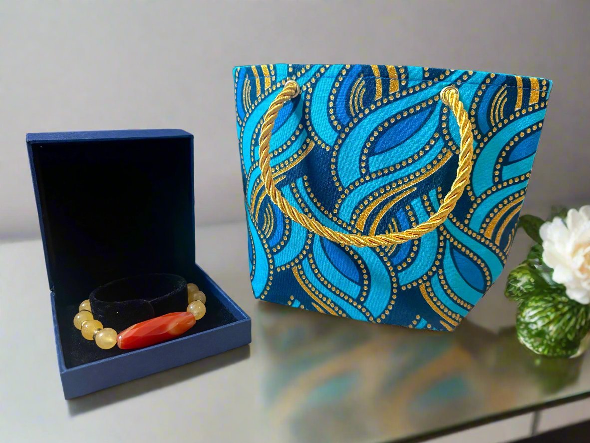 Ethnic, Fabric, Patterned, Handmade Turqoise, Blue and Gold Mini Tote - Gezia Accents