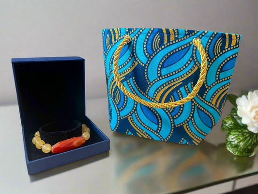 Ethnic, Fabric, Patterned, Handmade Turqoise, Blue and Gold Mini Tote - Gezia Accents