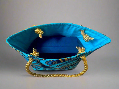 Ethnic, Fabric, Patterned, Handmade Turqoise, Blue and Gold Mini Tote - Gezia Accents