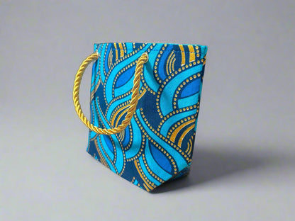 Ethnic, Fabric, Patterned, Handmade Turqoise, Blue and Gold Mini Tote - Gezia Accents