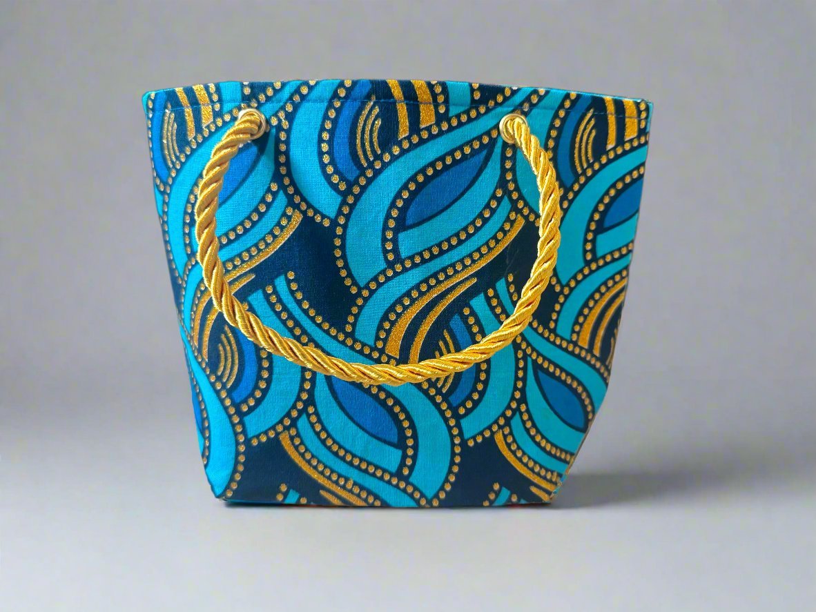 Ethnic, Fabric, Patterned, Handmade Turqoise, Blue and Gold Mini Tote - Gezia Accents