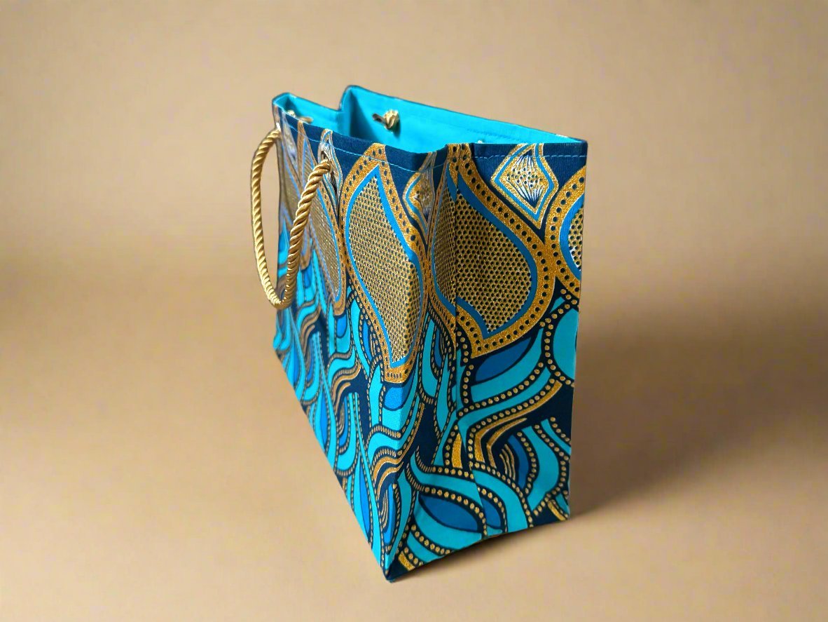 Ethnic, Fabric, Patterned, Handmade Turqoise, Dark Blue, and Gold Small Wardrobe Bag - Gezia Accents