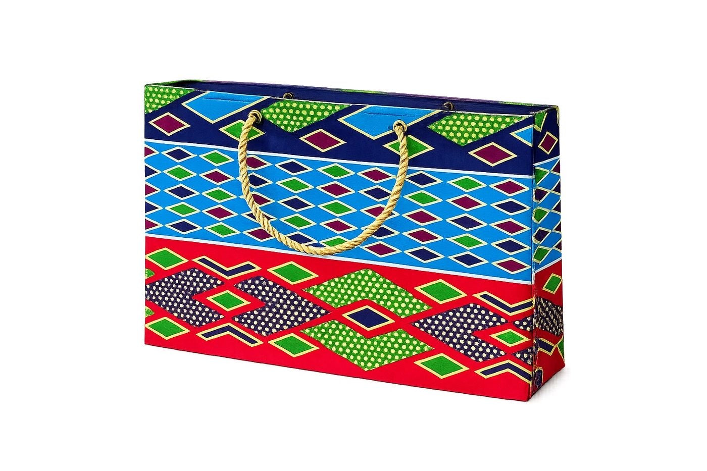 Ethnic, Fabric, Patterned, Handmade Turqoise, Navy Blue, Red, and Green, and Gold Medium Horizontal Bag on a white backgroud - Gezia Accents