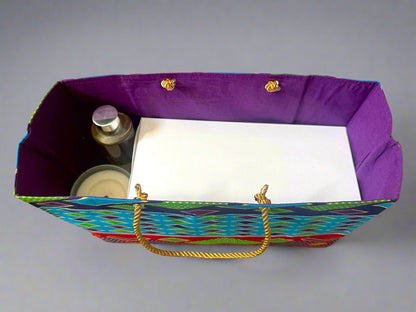 Ethnic, Fabric, Patterned, Handmade Turqoise, Navy Blue, Red, and Green, and Gold Medium Horizontal Bag - Gezia Accents