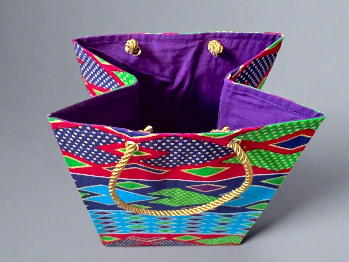 Ethnic, Fabric, Patterned, Handmade Turqoise, Red, Purple and Gold Gift Bag - Gezia Accents