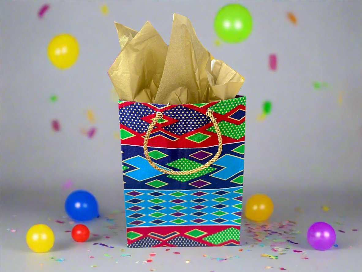 Ethnic, Fabric, Patterned, Handmade Turqoise, Red, Purple and Gold Gift Bag - Gezia Accents