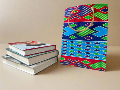 Ethnic, Fabric, Patterned, Handmade Turqoise, Red, Purple and Gold Gift Bag - Gezia Accents