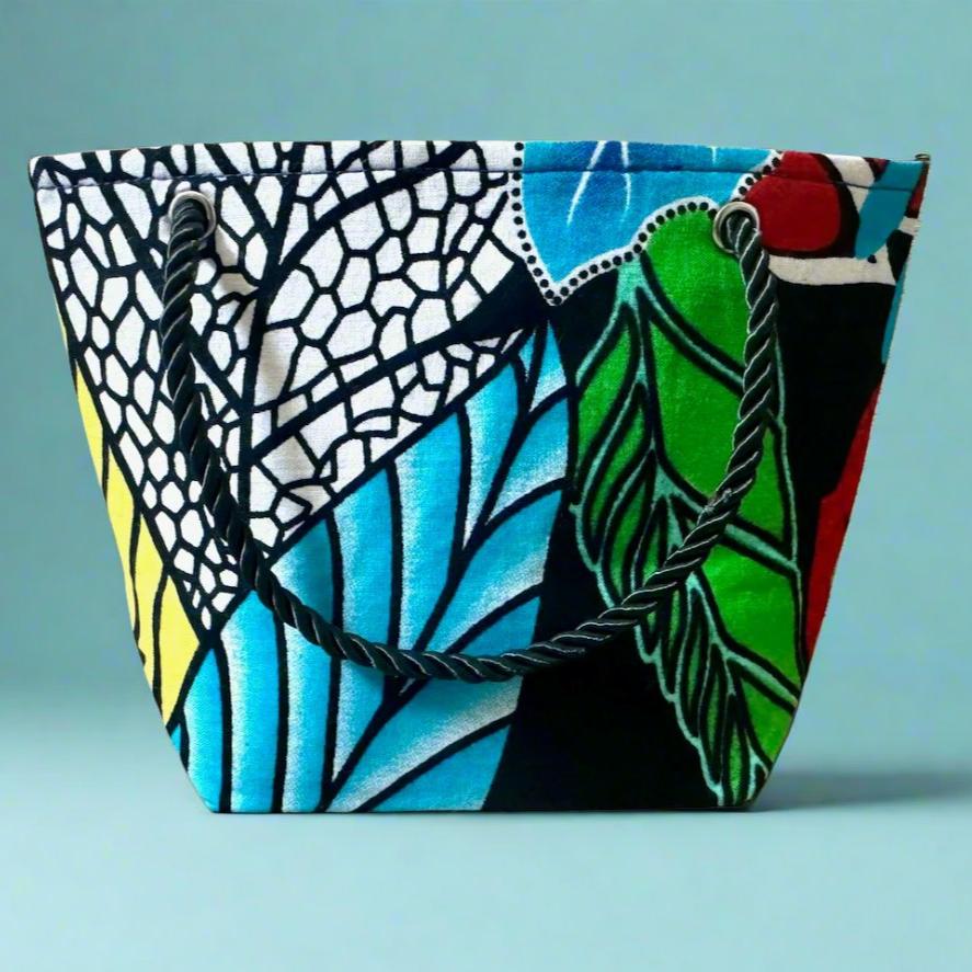 Ethnic, Fabric, Patterned, Handmade Turquoise, Black, Red, Yellow, and White Mini Tote - Gezia Accents