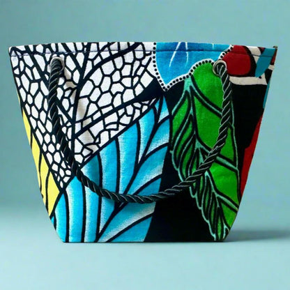 Ethnic, Fabric, Patterned, Handmade Turquoise, Black, Red, Yellow, and White Mini Tote - Gezia Accents