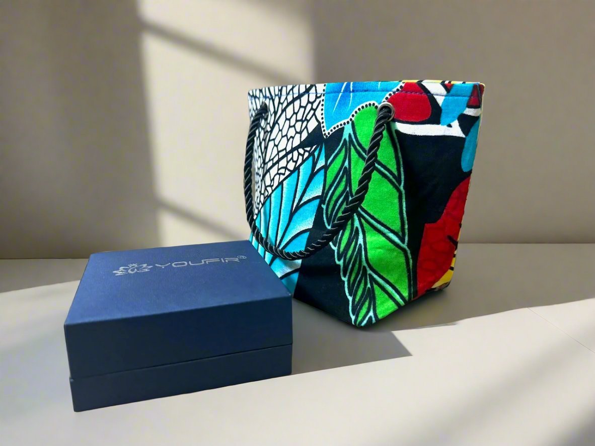 Ethnic, Fabric, Patterned, Handmade Turquoise, Black, Red, Yellow, and White Mini Tote - Gezia Accents