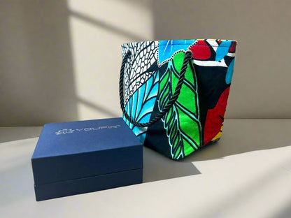 Ethnic, Fabric, Patterned, Handmade Turquoise, Black, Red, Yellow, and White Mini Tote - Gezia Accents