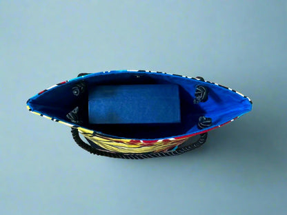 Ethnic, Fabric, Patterned, Handmade Turquoise, Black, Red, Yellow, and White Mini Tote - Gezia Accents