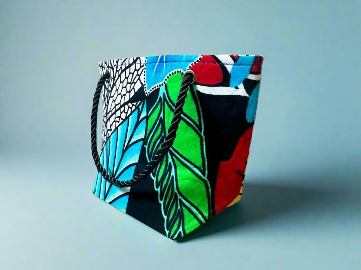 Ethnic, Fabric, Patterned, Handmade Turquoise, Black, Red, Yellow, and White Mini Tote - Gezia Accents