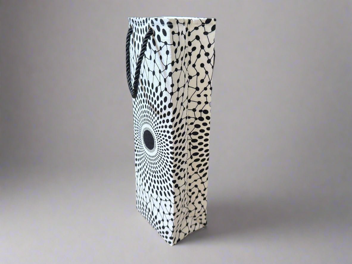 Ethnic, Fabric, Patterned, Handmade White and Black Wine Gift Bag - Gezia Accents