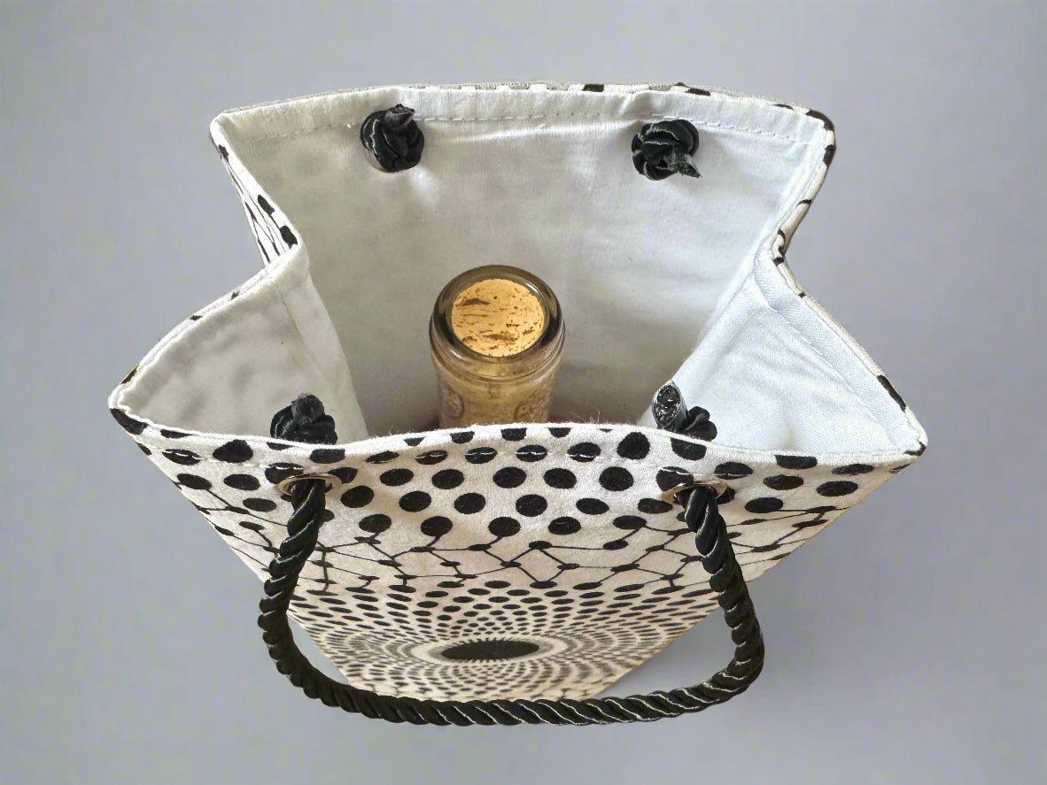 Ethnic, Fabric, Patterned, Handmade White and Black Wine Gift Bag - Gezia Accents