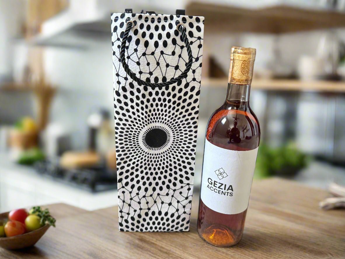 Ethnic, Fabric, Patterned, Handmade White and Black Wine Gift Bag - Gezia Accents
