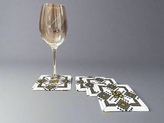 Ethnic, Fabric, Patterned, Handmade White, Black, and Gold Coasters - Gezia Accents