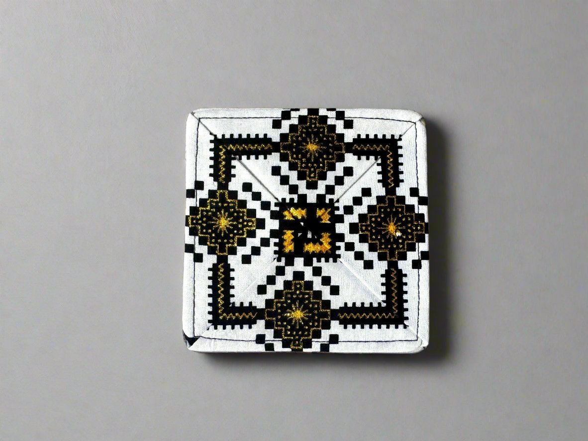 Ethnic, Fabric, Patterned, Handmade White, Black, and Gold Coasters - Gezia Accents