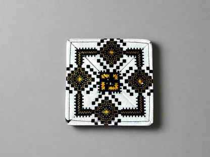 Ethnic, Fabric, Patterned, Handmade White, Black, and Gold Coasters - Gezia Accents