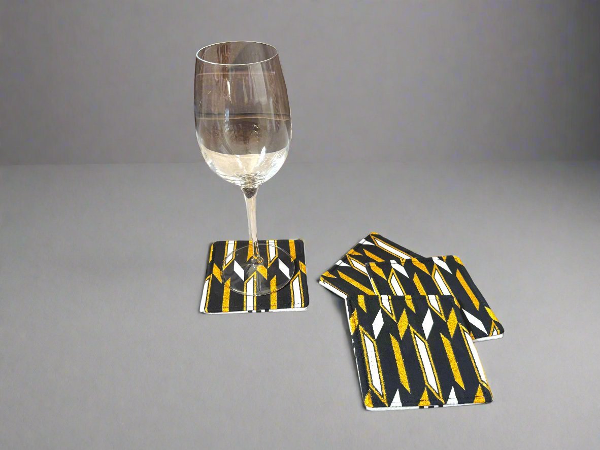 Ethnic, Fabric, Patterned, Handmade White, Black, and Gold Coasters - Gezia Accents