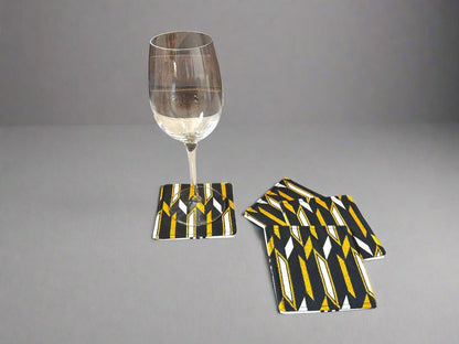 Ethnic, Fabric, Patterned, Handmade White, Black, and Gold Coasters - Gezia Accents
