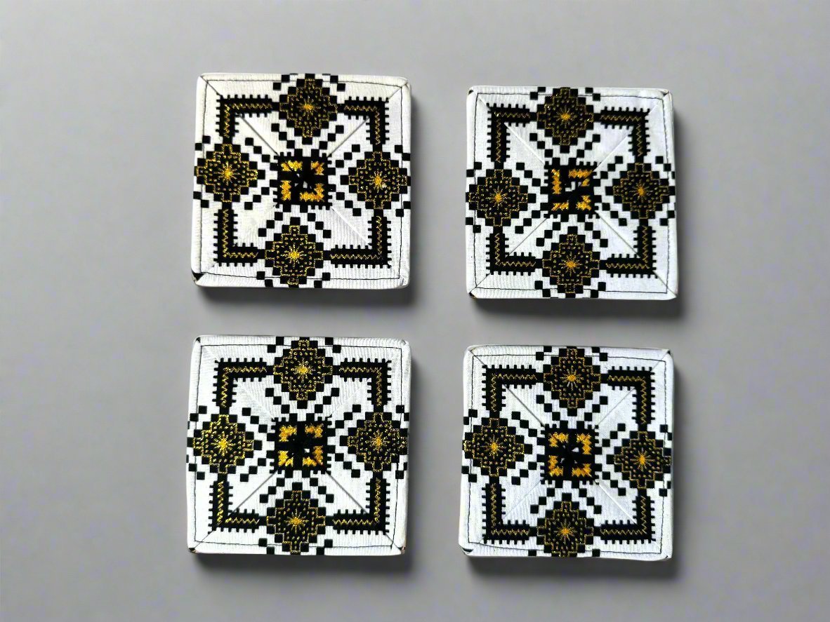 Ethnic, Fabric, Patterned, Handmade White, Black, and Gold Coasters - Gezia Accents