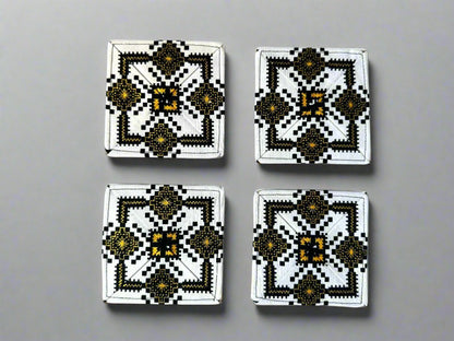 Ethnic, Fabric, Patterned, Handmade White, Black, and Gold Coasters - Gezia Accents