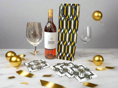 Ethnic, Fabric, Patterned, Handmade White, Black, and Gold Coasters - Gezia Accents