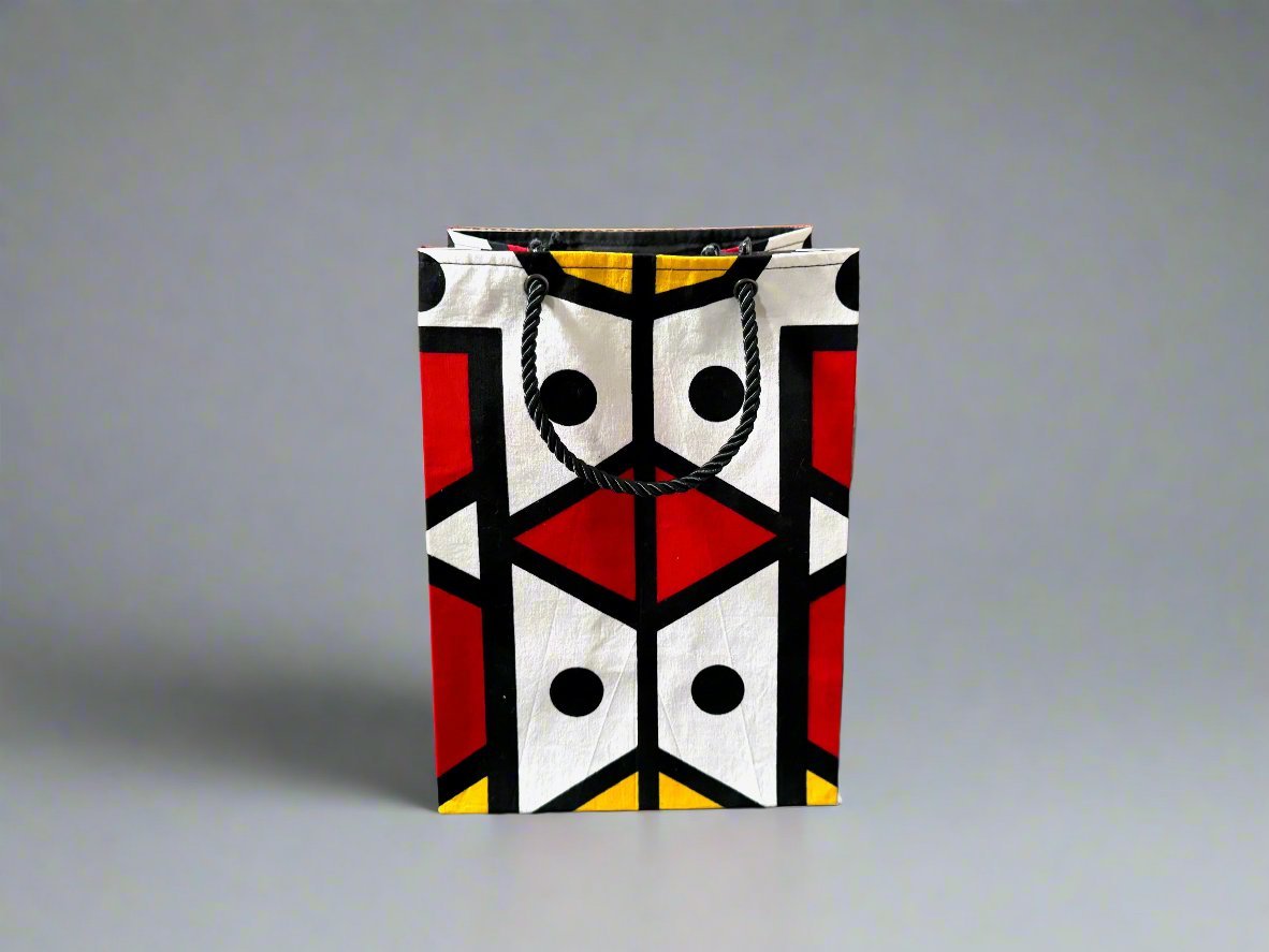Ethnic, Fabric, Patterned, Handmade White, Black, Red, and Yellow Small Bag - Gezia Accents