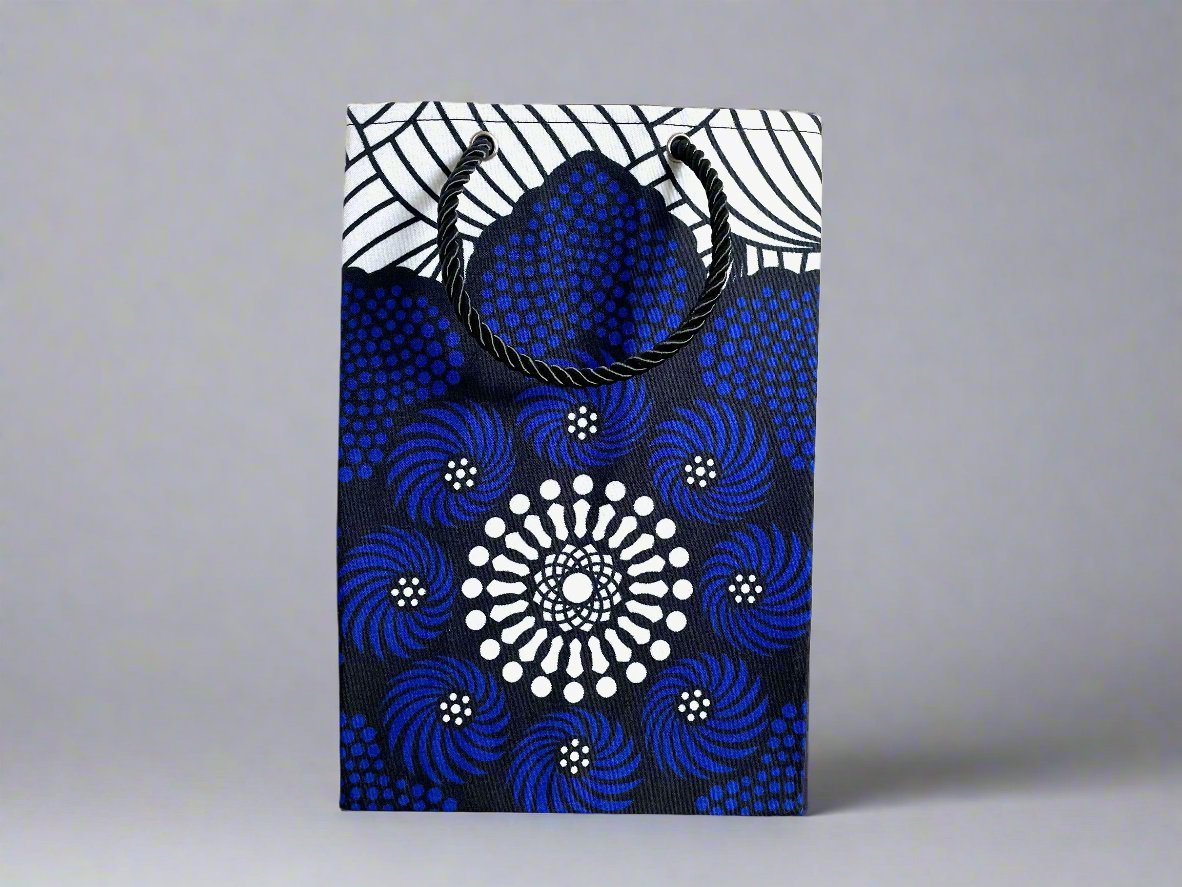Ethnic, Fabric, Patterned, Handmade White, Blue, and Black Small Bag - Gezia Accents