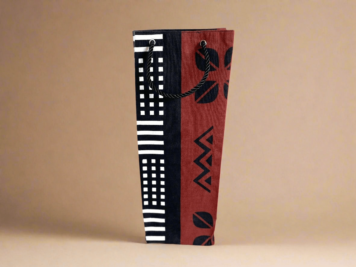 Ethnic, Fabric, Patterned, Handmade White, Brown, and Black Wine Gift Bag - Gezia Accents