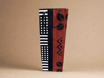 Ethnic, Fabric, Patterned, Handmade White, Brown, and Black Wine Gift Bag - Gezia Accents
