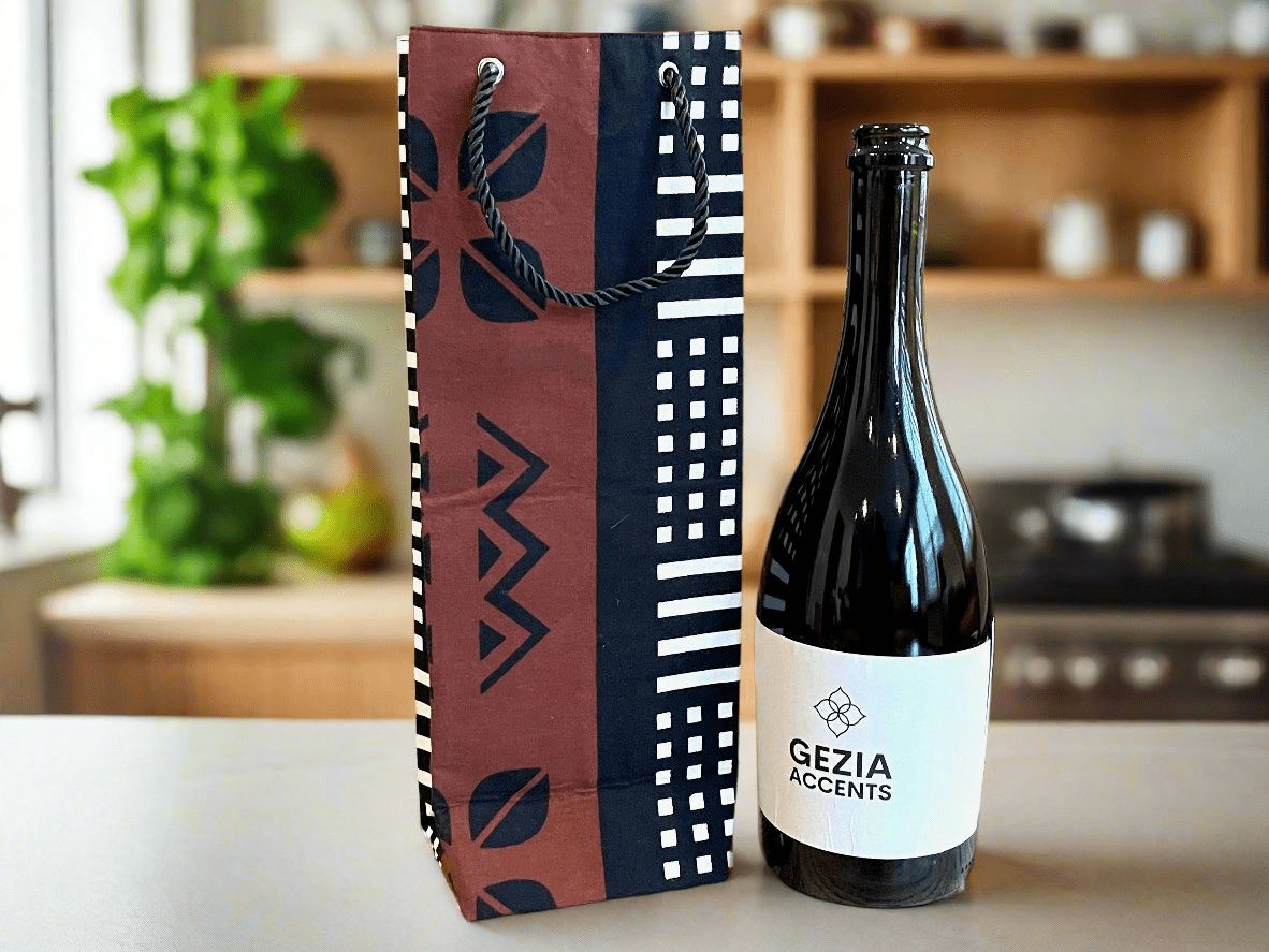 Ethnic, Fabric, Patterned, Handmade White, Brown, and Black Wine Gift Bag - Gezia Accents