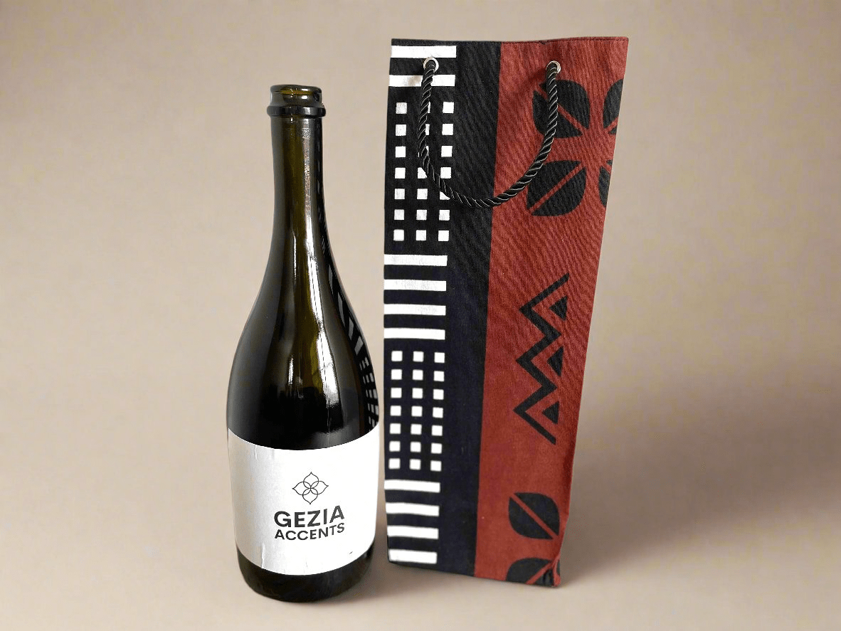 Ethnic, Fabric, Patterned, Handmade White, Brown, and Black Wine Gift Bag - Gezia Accents