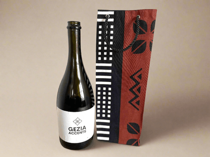 Ethnic, Fabric, Patterned, Handmade White, Brown, and Black Wine Gift Bag - Gezia Accents