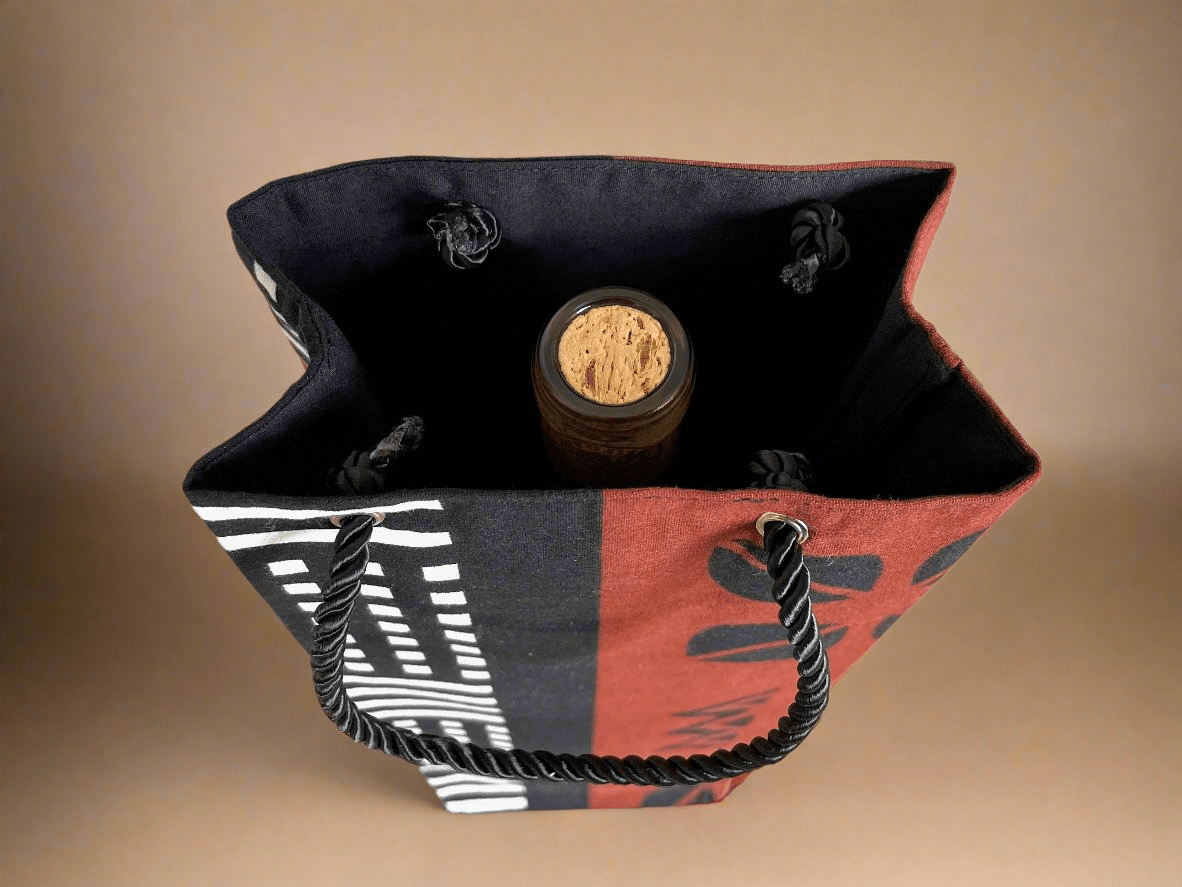 Ethnic, Fabric, Patterned, Handmade White, Brown, and Black Wine Gift Bag - Gezia Accents