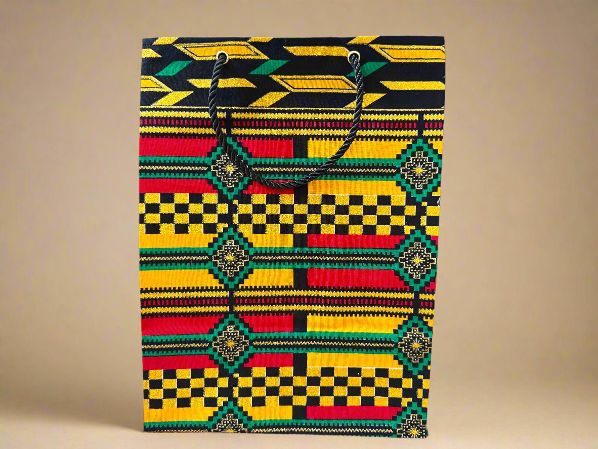 Ethnic, Fabric, Patterned, Handmade Yellow, Black, Green, Red, and Gold Medium Bag - Gezia Accents
