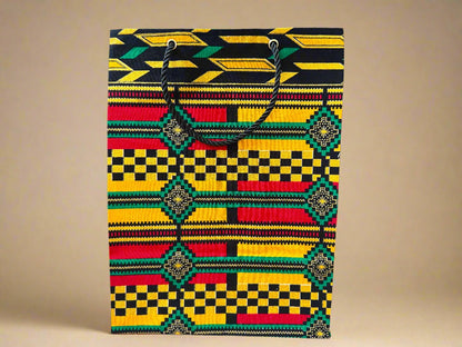 Ethnic, Fabric, Patterned, Handmade Yellow, Black, Green, Red, and Gold Medium Bag - Gezia Accents