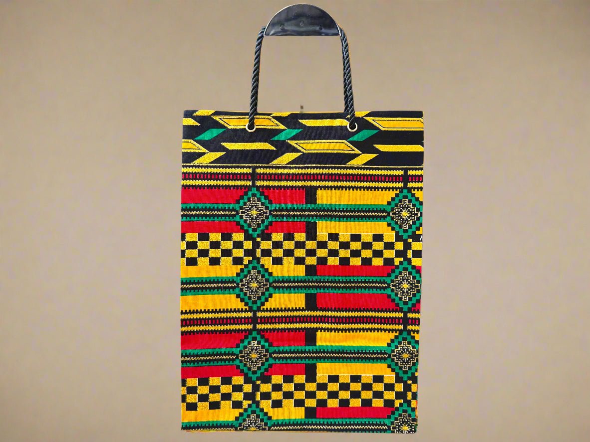 Ethnic, Fabric, Patterned, Handmade Yellow, Black, Green, Red, and Gold Medium Bag - Gezia Accents