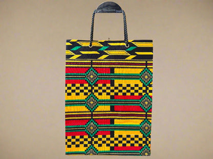 Ethnic, Fabric, Patterned, Handmade Yellow, Black, Green, Red, and Gold Medium Bag - Gezia Accents