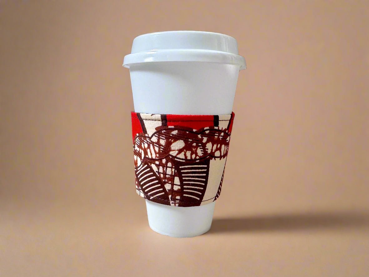 "African Wax Print Cup Sleeve - Brown, Cream & Red | Reusable Coffee Cozy - Gezia Accents"