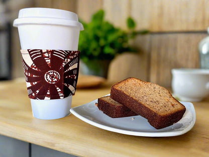 "African Wax Print Cup Sleeve - Brown, Cream & Red | Reusable Coffee Cozy - Gezia Accents"