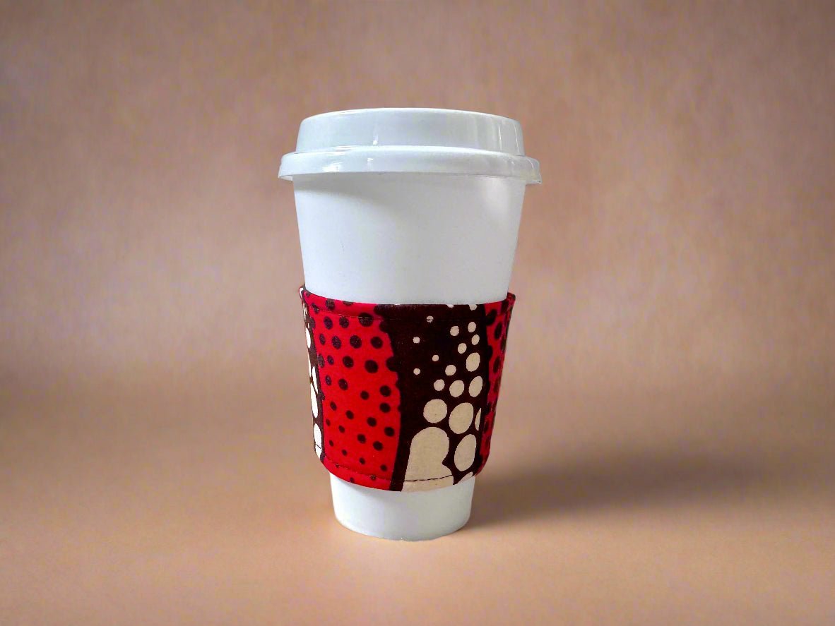 "African Wax Print Cup Sleeve - Brown, Cream & Red | Reusable Coffee Cozy - Gezia Accents"