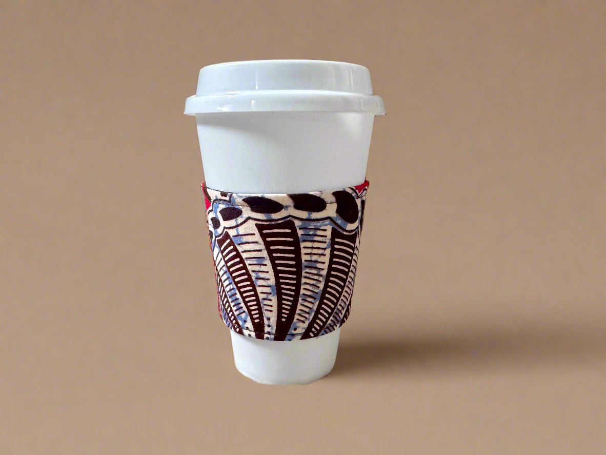 "African Wax Print Cup Sleeve - Brown, Cream & Red | Reusable Coffee Cozy - Gezia Accents"