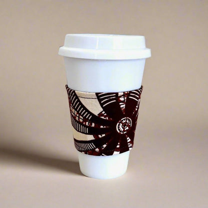 "African Wax Print Cup Sleeve - Brown, Cream & Red | Reusable Coffee Cozy - Gezia Accents