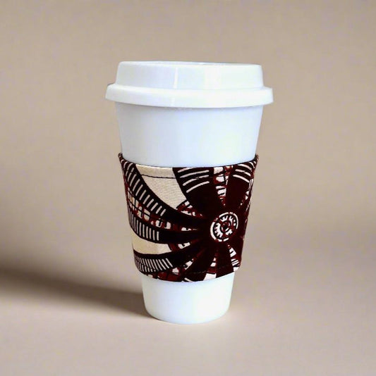"African Wax Print Cup Sleeve - Brown, Cream & Red | Reusable Coffee Cozy - Gezia Accents