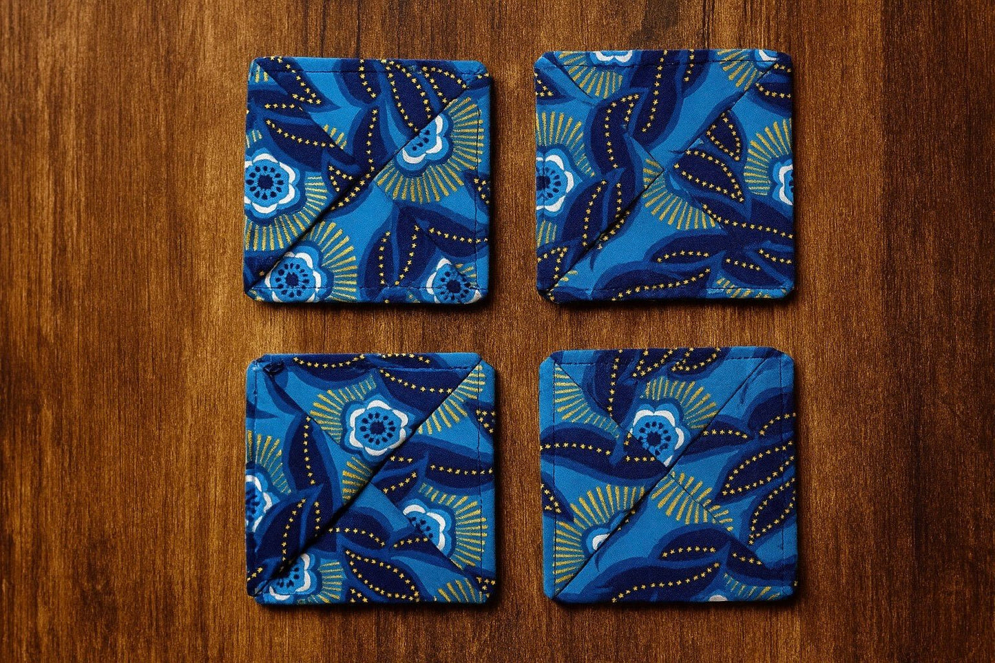 Handmade African Fabric Coasters – Set of 4 | Cultural Home Decor | Eco - Friendly Gift | Wax Print Drink Coasters - Gezia Accents