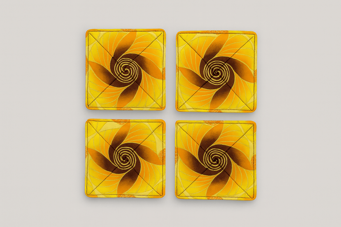 Handmade African Fabric Coasters – Yellow, Brown, Orange & Gold Set of 4 | Cultural Home Decor | Eco - Friendly Gift | Wax Print Drink Coasters - Gezia Accents