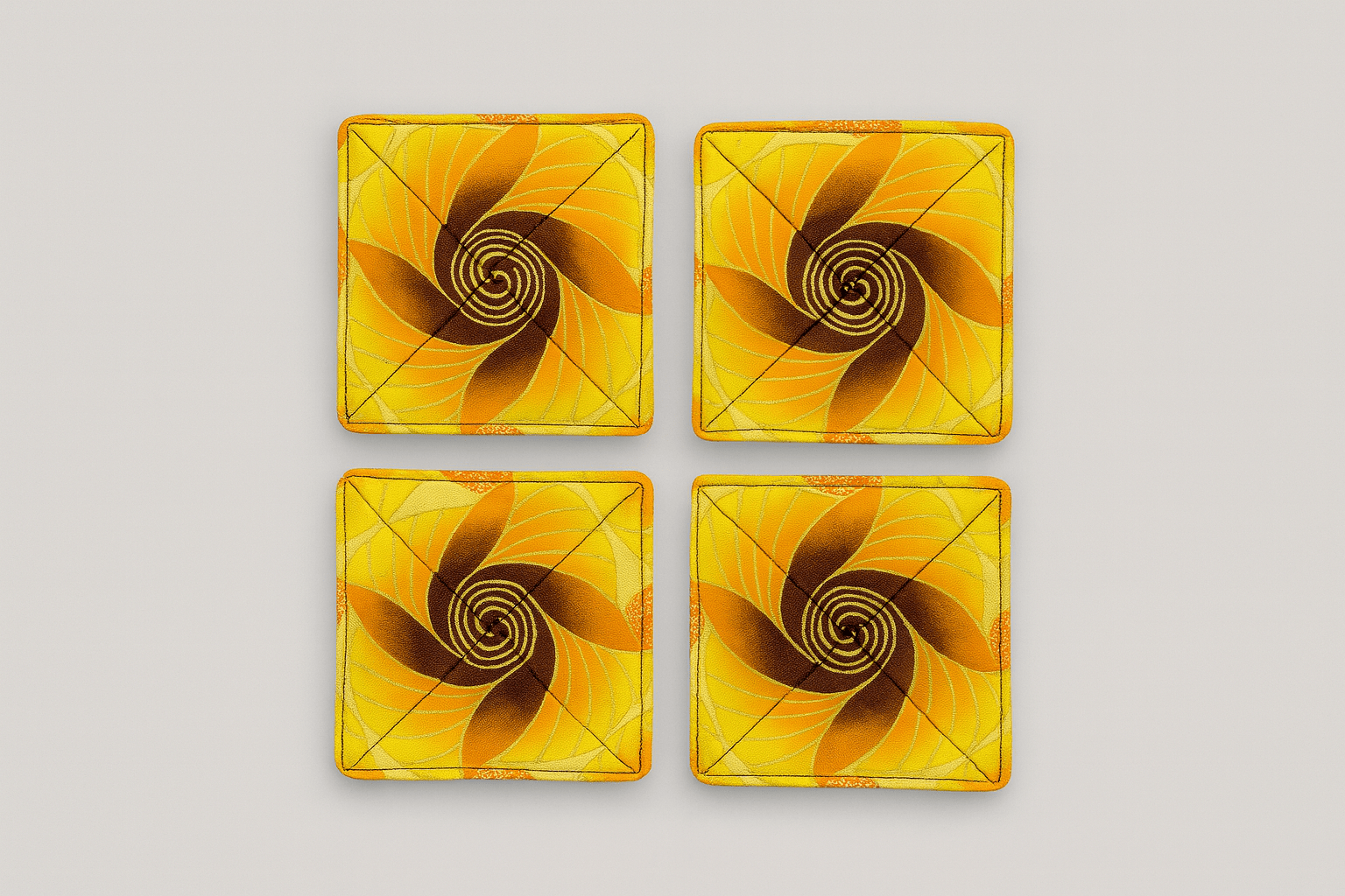 Handmade African Fabric Coasters – Yellow, Brown, Orange & Gold Set of 4 | Cultural Home Decor | Eco - Friendly Gift | Wax Print Drink Coasters - Gezia Accents