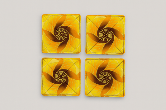 Handmade African Fabric Coasters – Yellow, Brown, Orange & Gold Set of 4 | Cultural Home Decor | Eco - Friendly Gift | Wax Print Drink Coasters - Gezia Accents